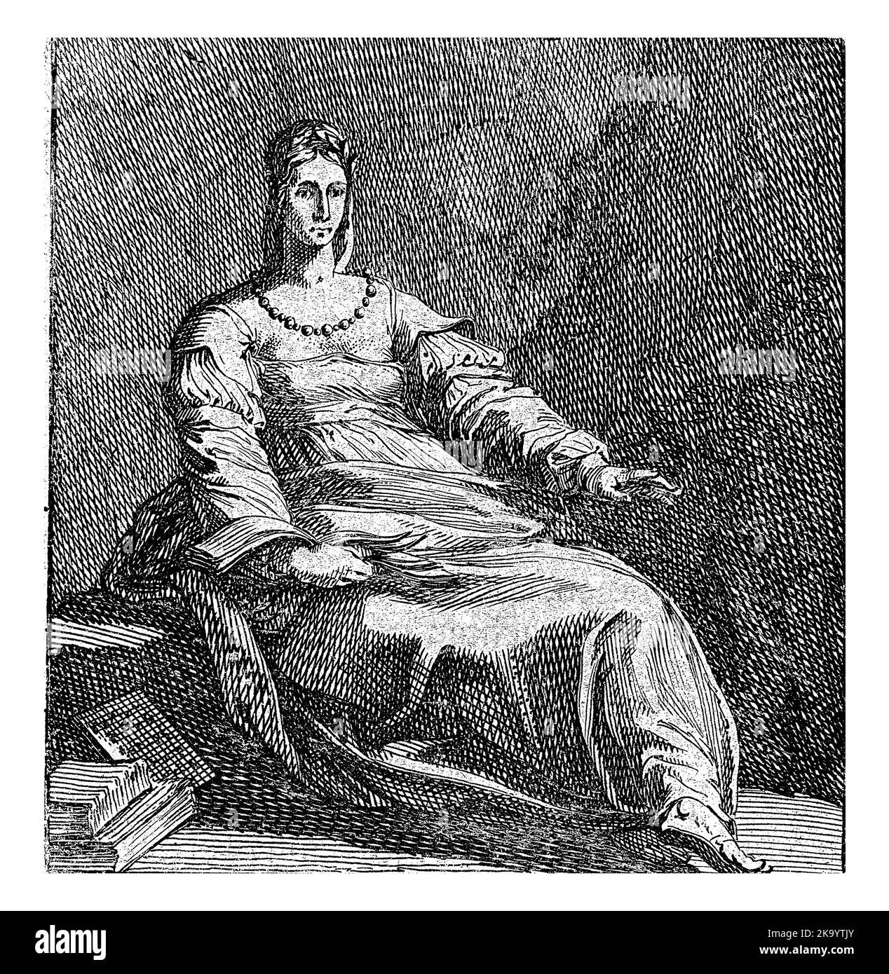 Calliope, la musa dell'epica, si siede con un libro in mano e porta una corona di alloro sulla testa. Alla sua sinistra ci sono dei libri. Foto Stock