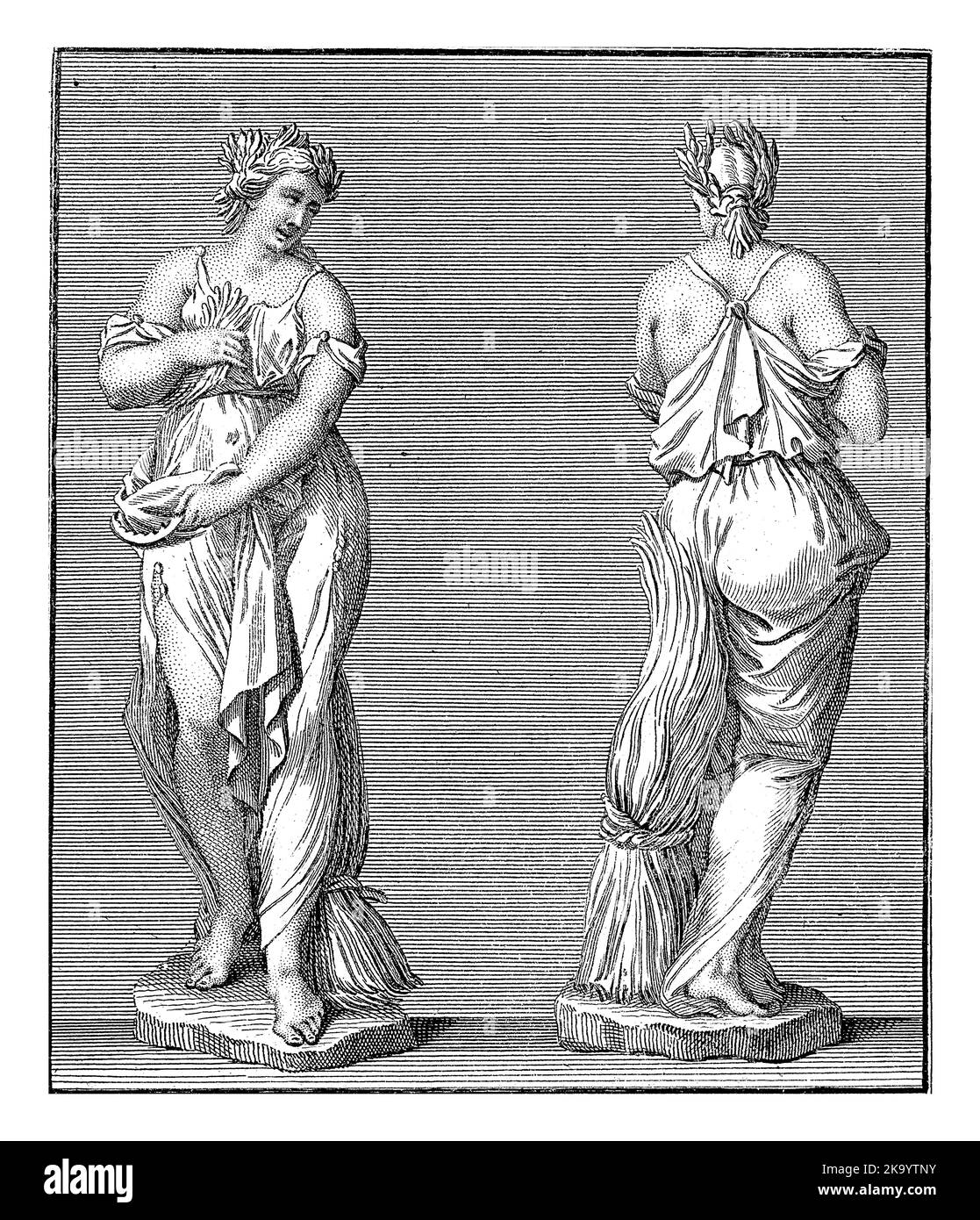 Vista frontale e posteriore di una statua d'estate, con una fodera di mais. Numerati sotto l'esibizione: LXVIII e LXVIX. Foto Stock