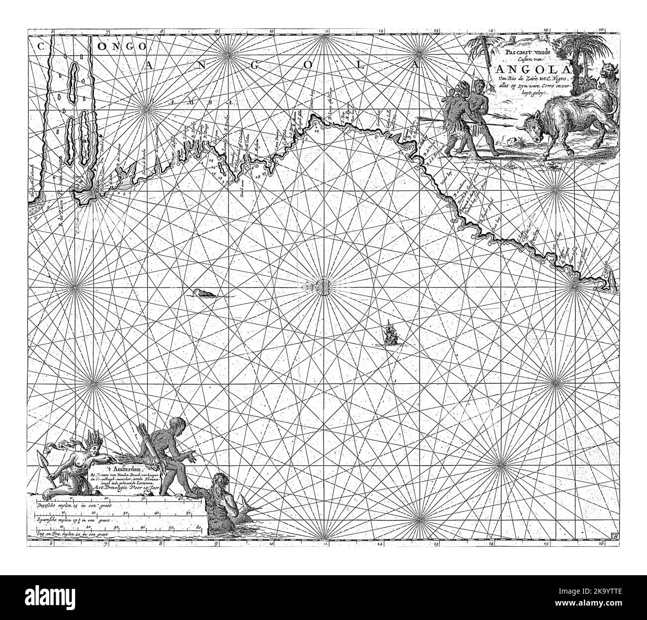 Carta dei passaporti delle coste del Congo e dell'Angola, due rose a bussola, il nord è sulla destra. In alto a destra il titolo e l'indirizzo dell'editore, circondato Foto Stock
