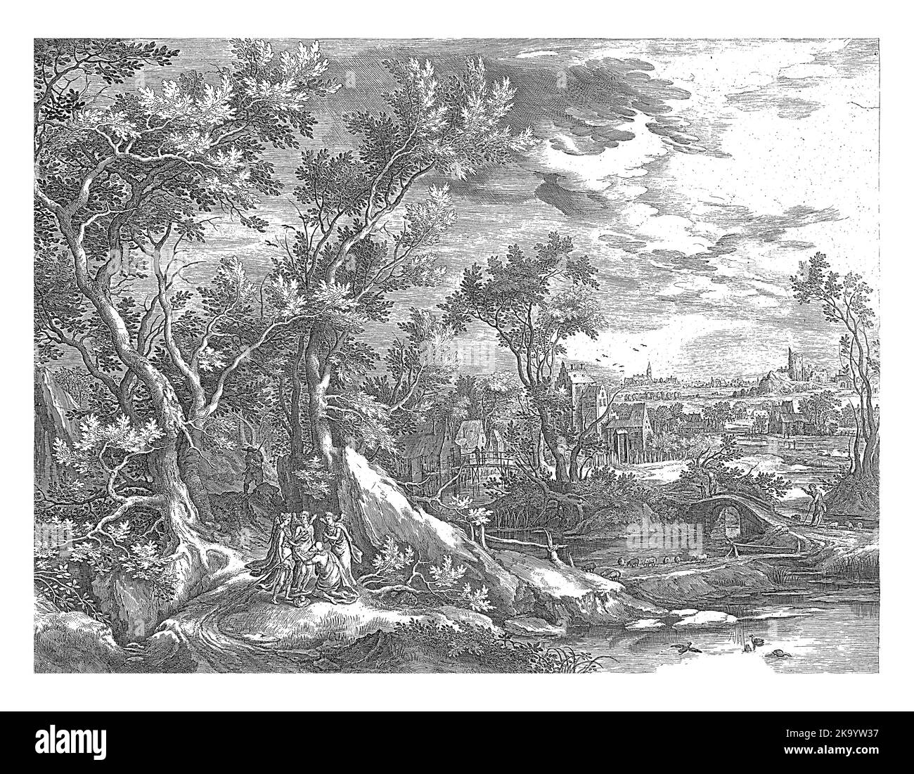 Paesaggio ricco d'acqua con case e una chiesa in lontananza. In primo piano, Abrahamo si inginocchia davanti ai tre angeli per implorarli di risparmiare Sodoma. T Foto Stock