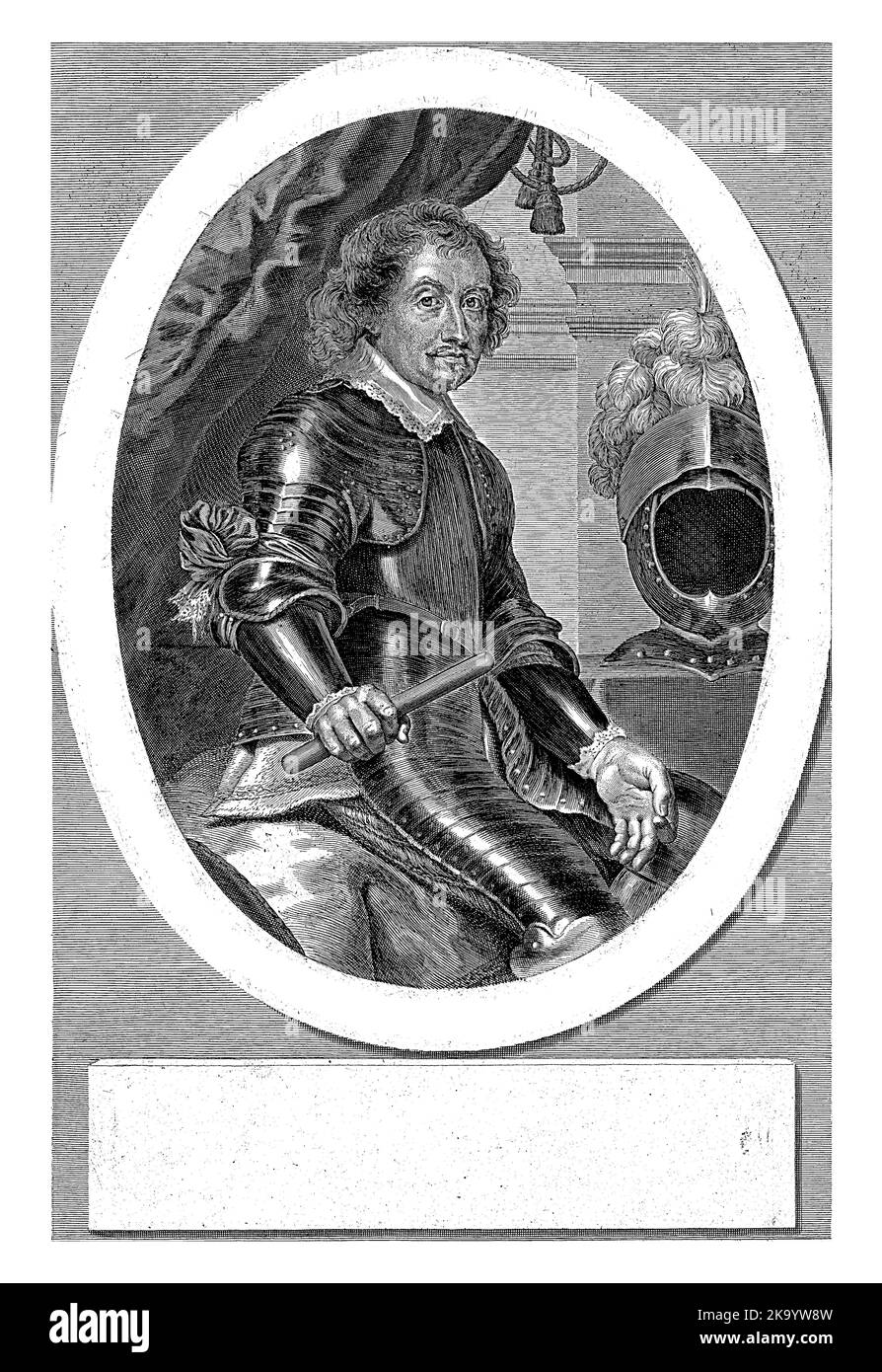 Ritratto del governatore in Brasile, Johan Maurits van Nassau-Siegen, in armatura. A destra un casco e in mano un comandante. Foto Stock