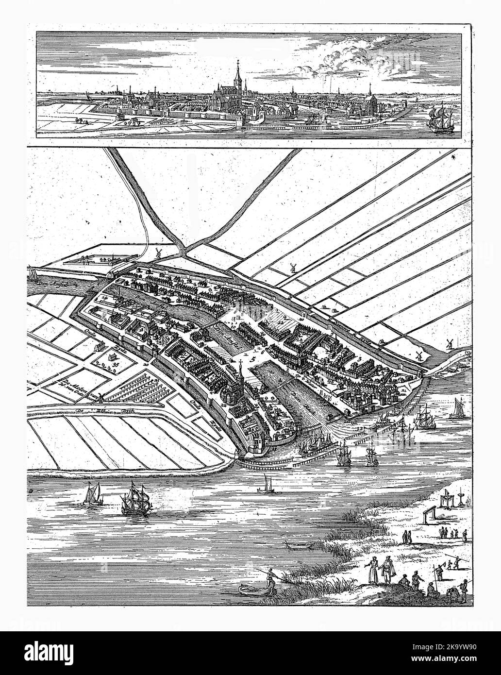 Mappa di Amsterdam con paesaggio urbano, 1300, Jan Luyken (attribuito a), 1693 - 1694 sopra una vista di Amsterdam, sotto una mappa in vista dall'alto. Entrambi mostrano th Foto Stock