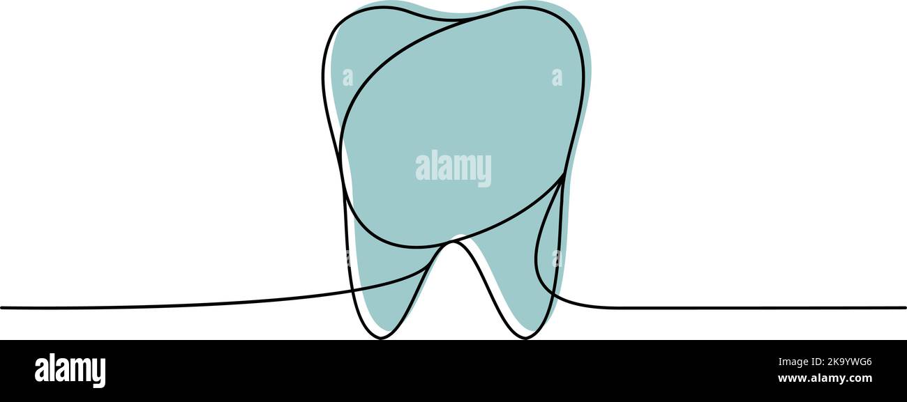 Disegno continuo a una linea del dente umano. Immagine a una linea colorata continua di organo umano. Illustrazione lineare vettoriale minimalista. Illustrazione Vettoriale