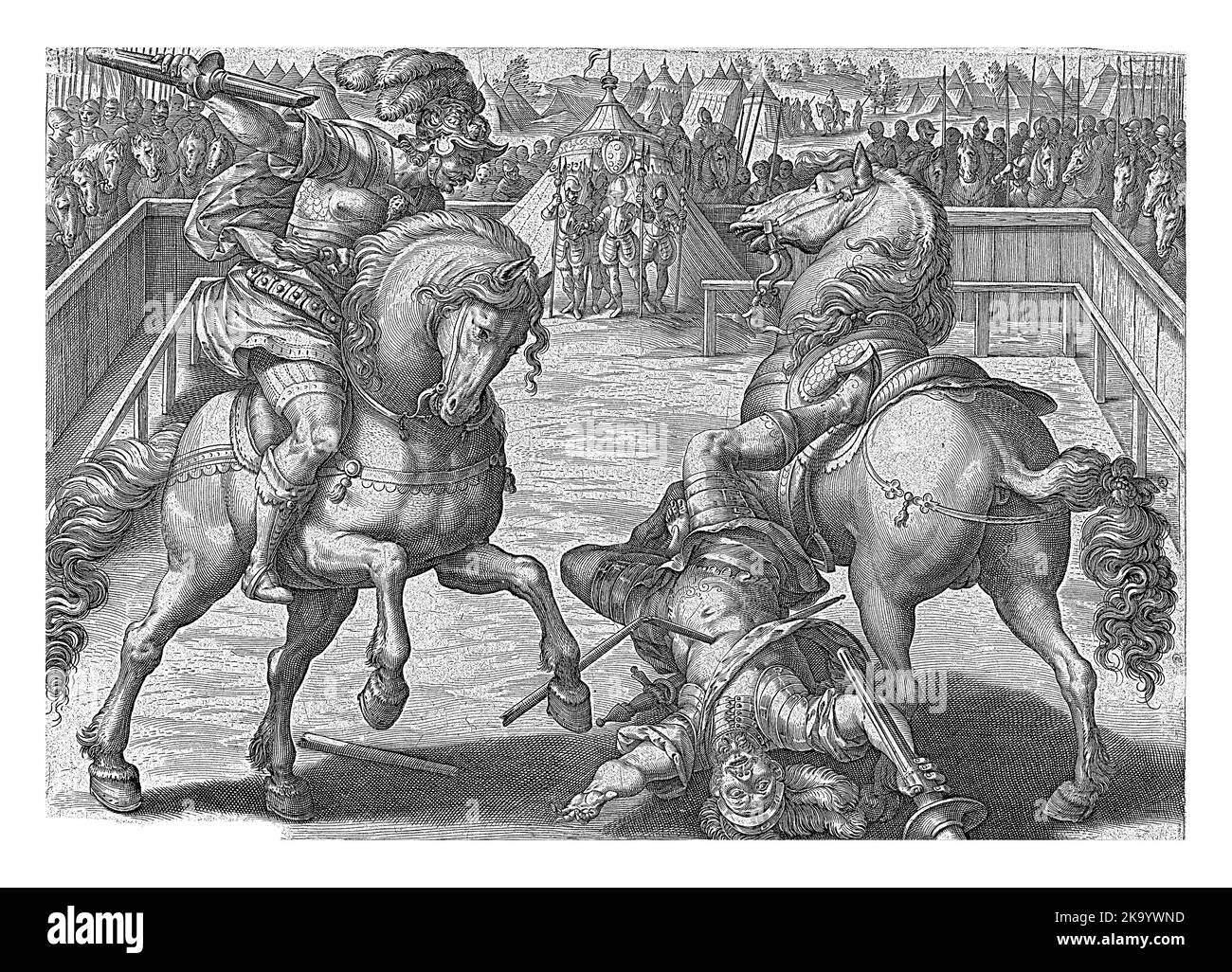 Giovanni de' Medici ha appena bussato il suo avversario al cavallo con la lancia. I due sono all'interno di una recinzione, circondata da un sacco di cavalieri. Foto Stock