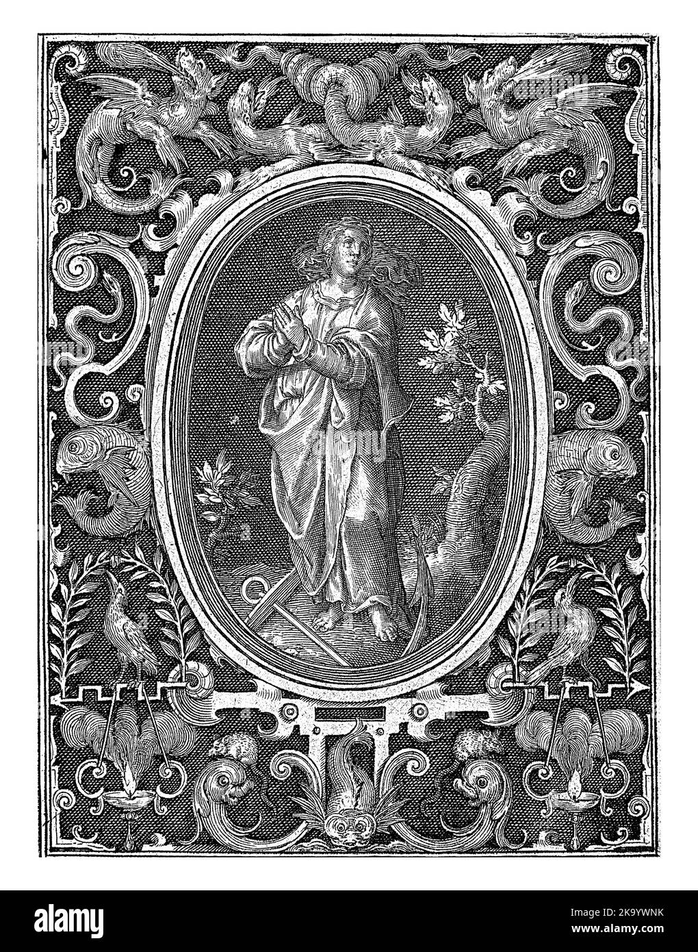 Foglio 2 di una serie di 4 fogli numerati con decorazioni superficiali. Spes, personificazione della speranza, in piedi ovali. Nel telaio in alto al centro fou Foto Stock