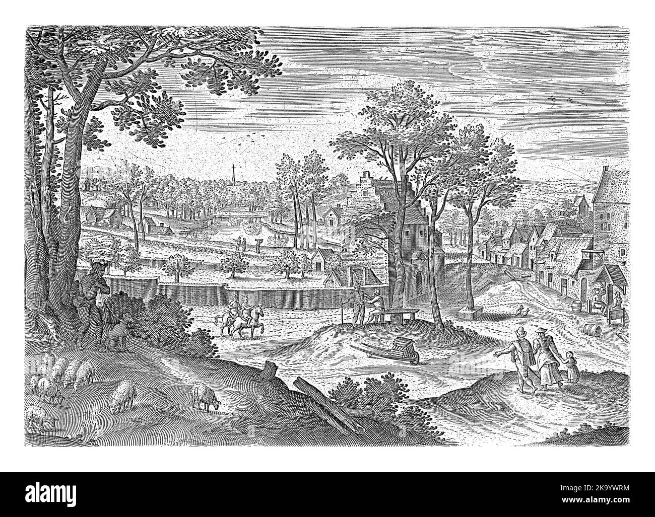 Vista sul villaggio di Ixelles, vicino a Bruxelles. In primo piano un pastore e alcuni escursionisti. La stampa fa parte di una serie con le facce del BRUSSE Foto Stock