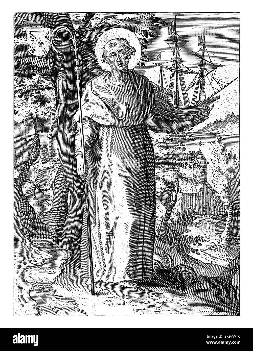 Santa Bertina. Indossa l'abito di un monaco e il personale di un vescovo. Nella sua mano sinistra porta una nave. Foto Stock