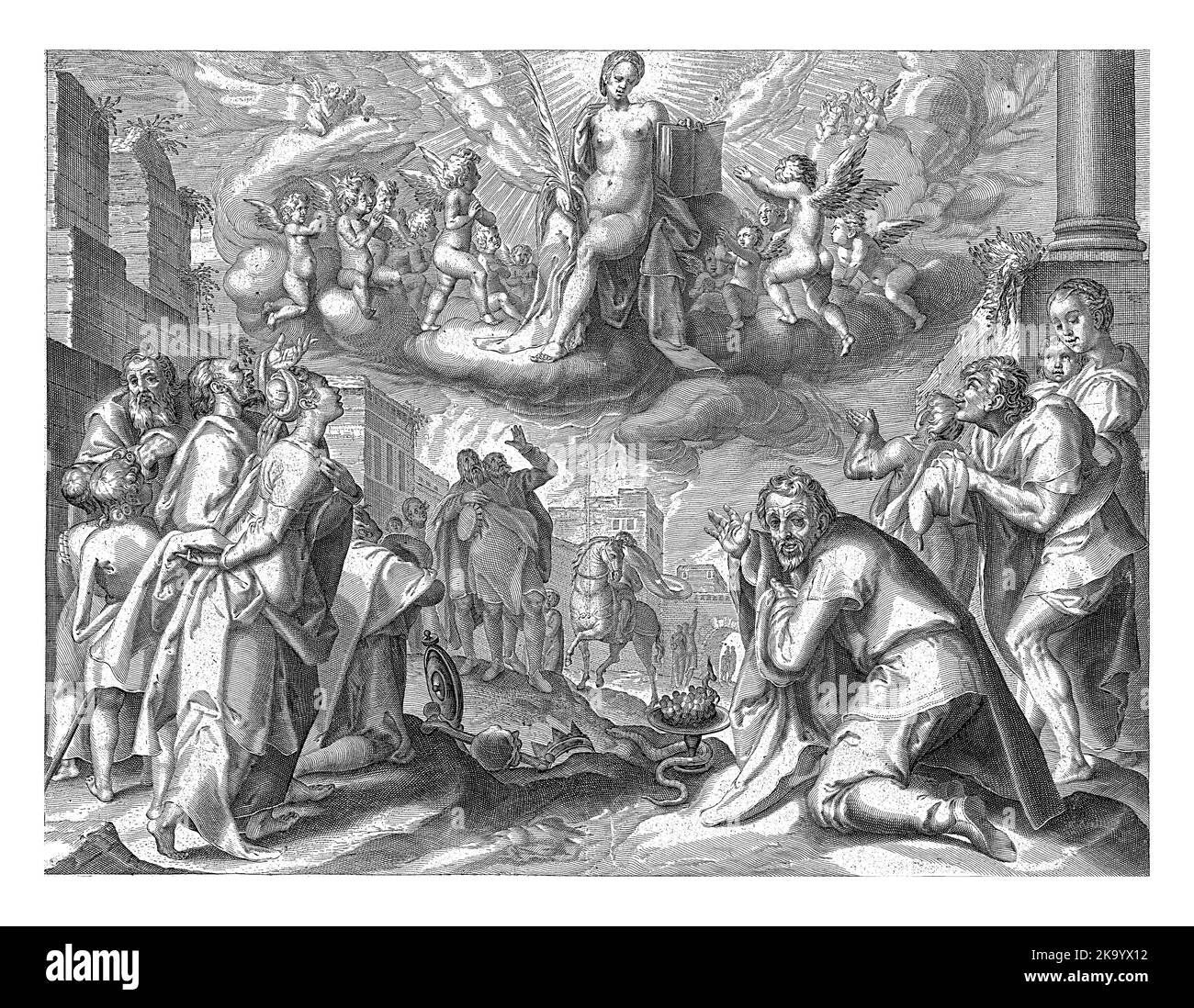 Trionfo della verità, Nicolaes Jansz. Orologio (possibilmente), dopo Karel van Mander (i), 1558 - 1606 Una strada in una città. Le persone si levano in piedi o inginocchiano davanti al femore Foto Stock