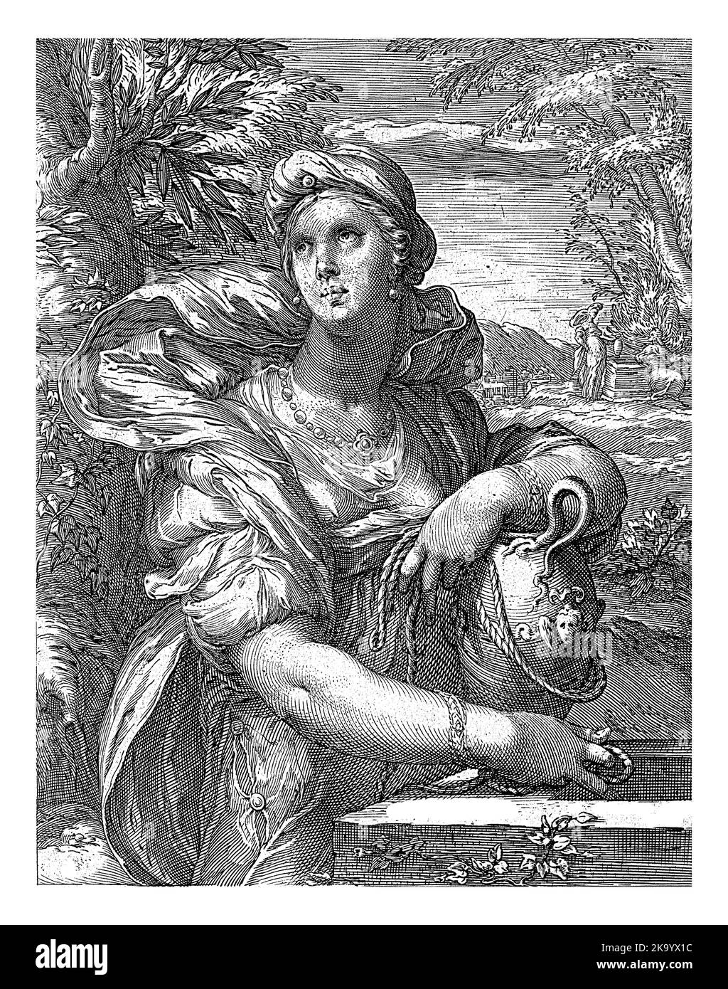 La Samaritana al pozzo, una brocca d'acqua in mano. Sullo sfondo l'incontro tra Cristo e la Samaritana al pozzo. Foto Stock