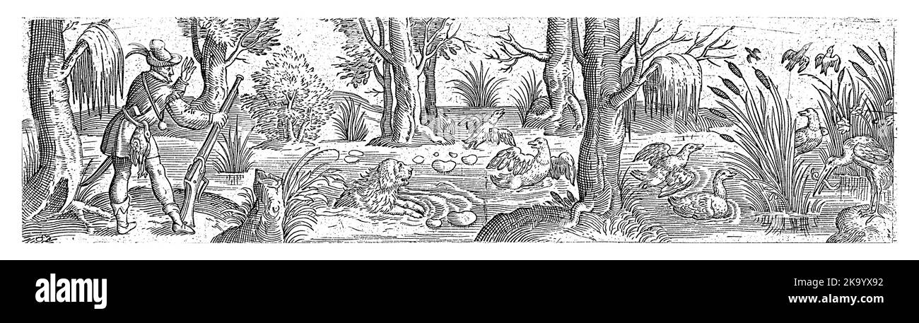 Sulla sinistra c'è un cacciatore. Il suo cane nuota dopo le anatre. Numero 3 da una serie di 12 fogli numerati. Foto Stock