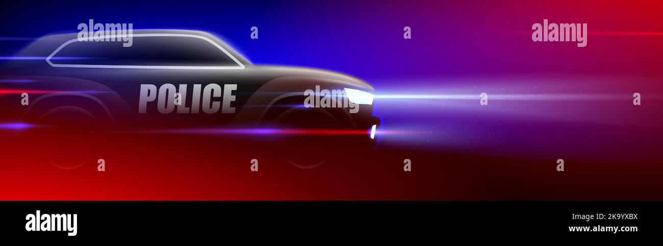 Auto SUV della polizia che corre ad alta velocità su uno sfondo scuro con flash colorati. Illustrazione del vettore di inseguimento COP. Illustrazione Vettoriale