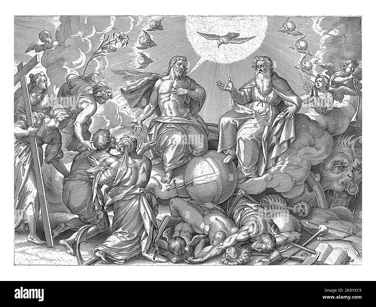 Allegoria della morte, simboleggiata dal Giudizio universale. L'uomo (gay), circondato dalle virtù divine (Charitas, Fides e Spes) e dalla Grazia Divina (Gratia), Foto Stock