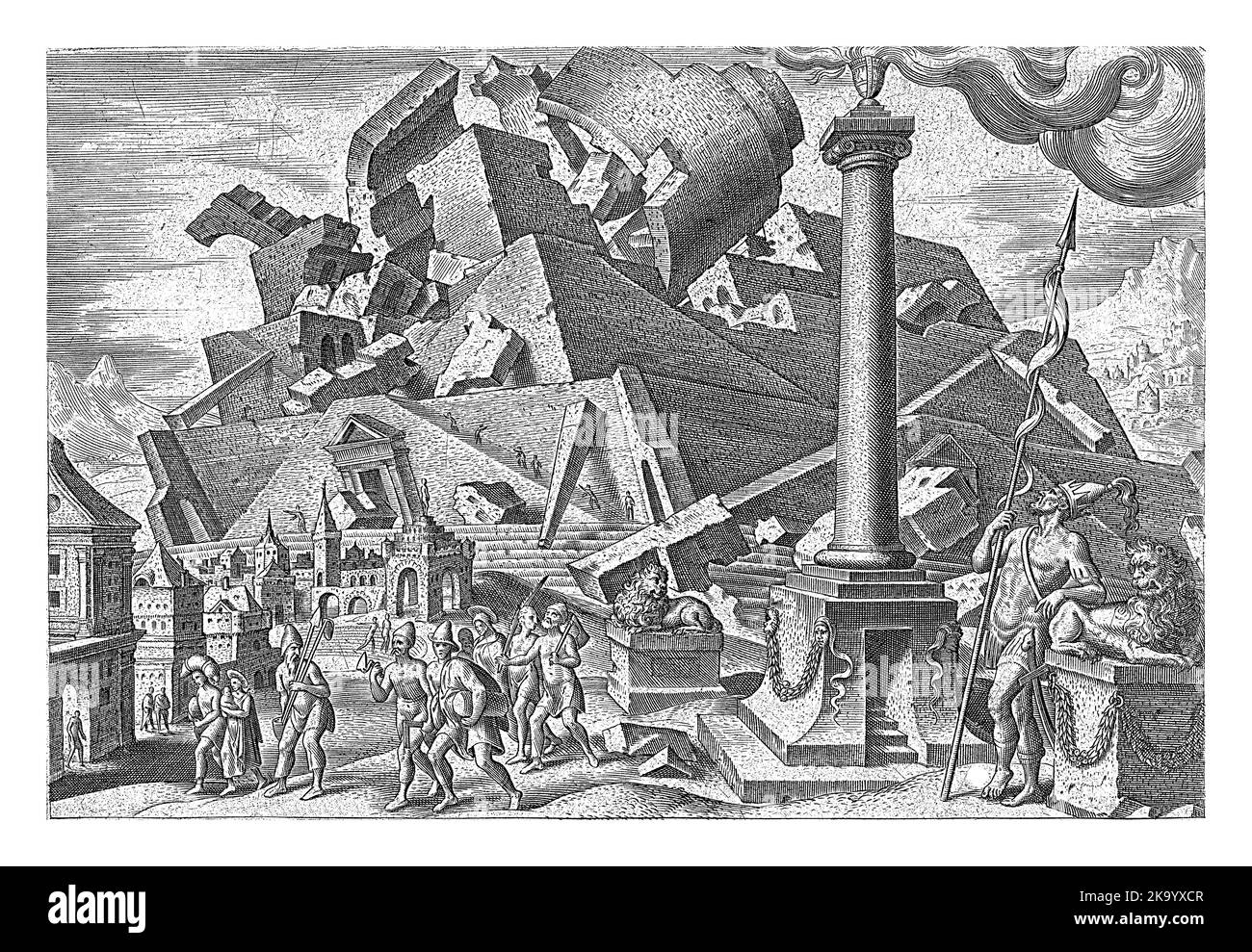 La Torre di Babele crolla. In primo piano una colonna su cui un calice fumante e la statua di un leone Foto Stock