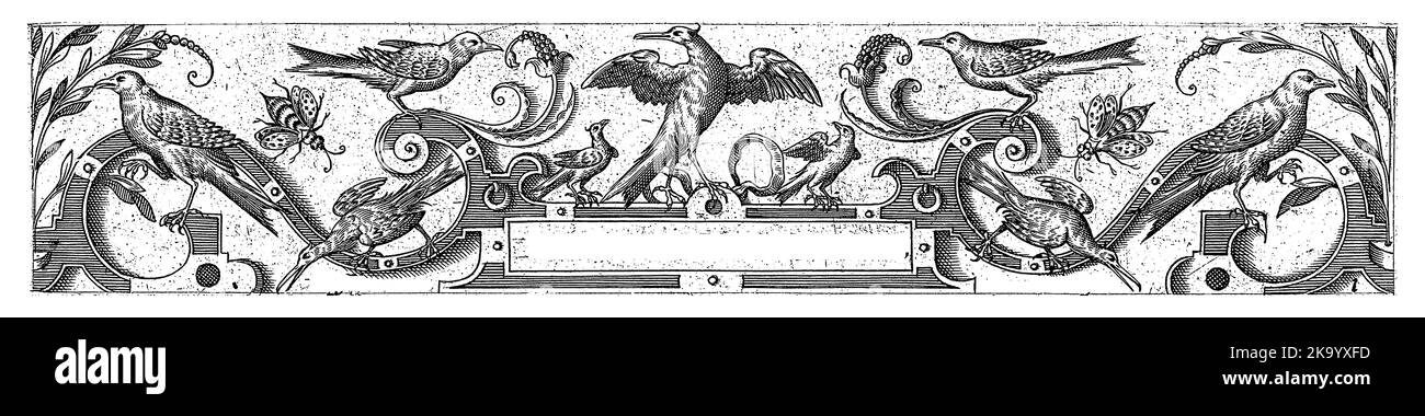 Cartouche con il nome HANS LIEFRINCK.F.centro inferiore tra volute di hardware. Ci sono vari uccelli sui raccordi. Foglio 1 dalla serie di 12 Foto Stock