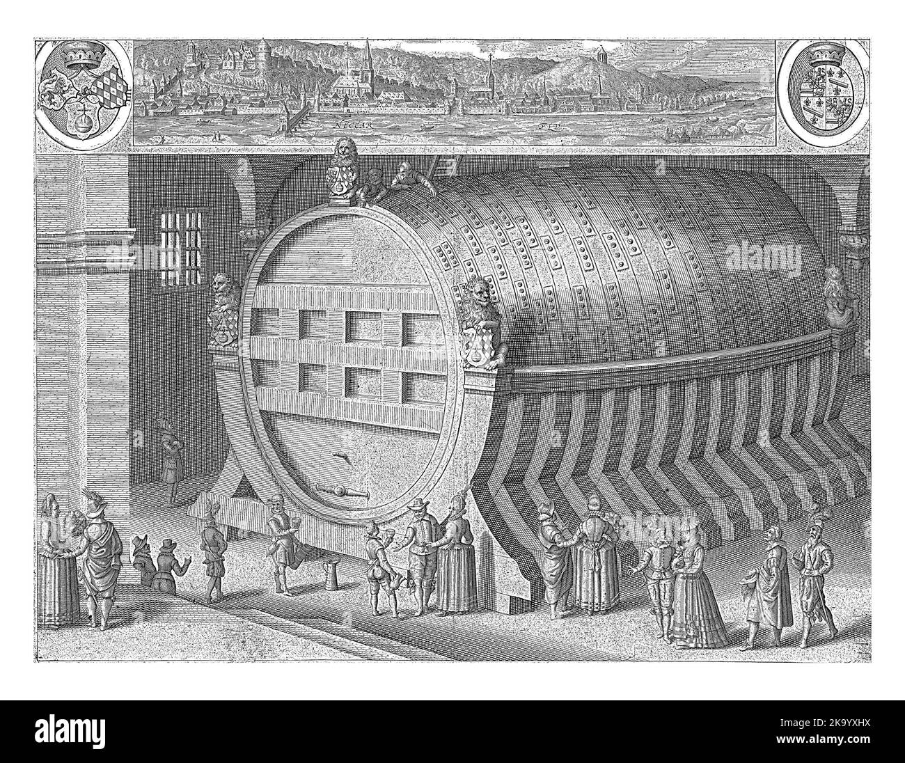 La grande botte di vino nella cantina del Castello di Heidelberg, i visitatori possono degustare il vino. Sopra una vista di Heidelberg. Foto Stock