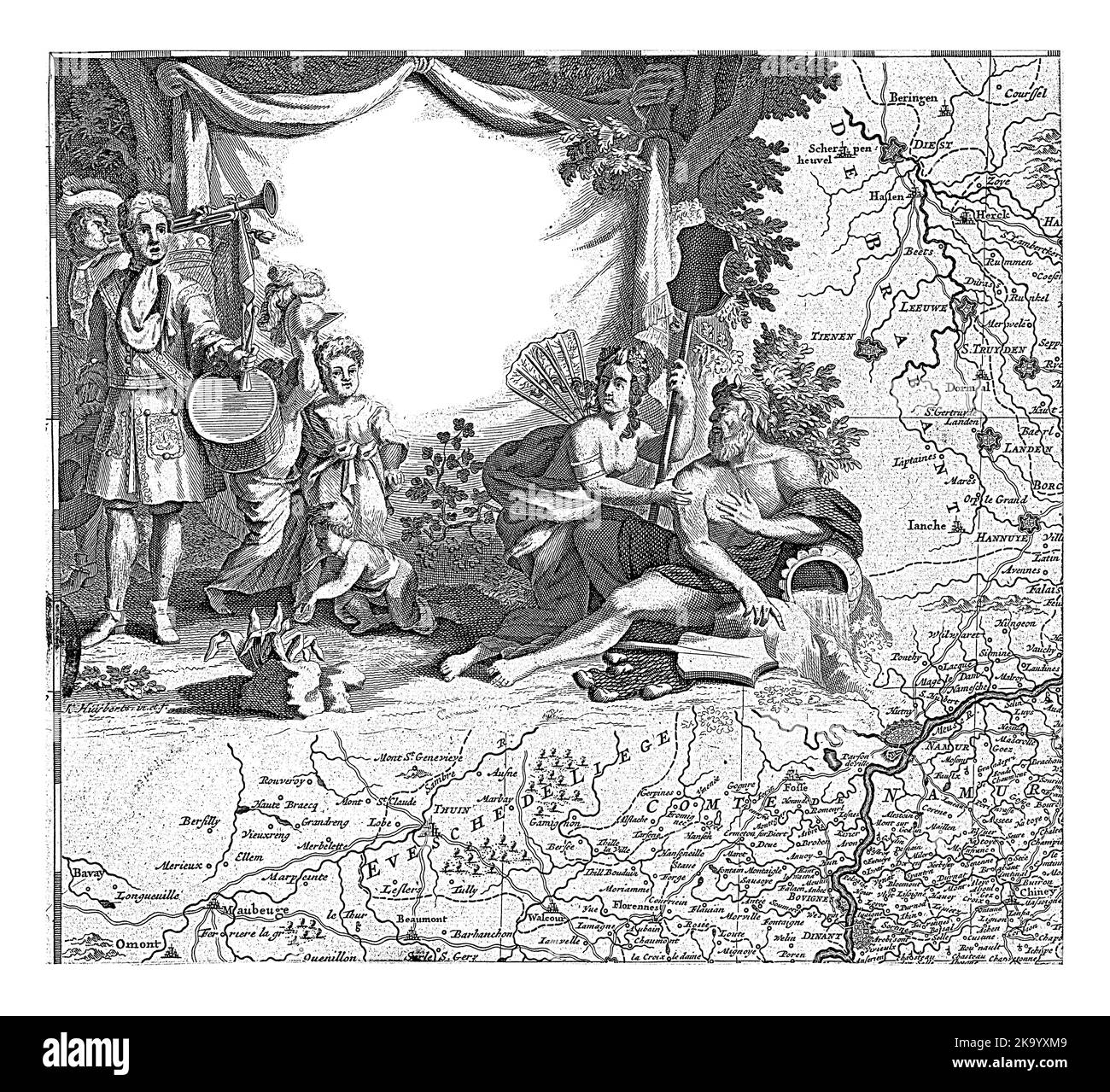 Mappa della regione est e sud di Bruxelles e della contea di Namur (foglia in alto a sinistra), Cornelis Huyberts, 1689 - 1712 in alto a sinistra uno striscione w Foto Stock