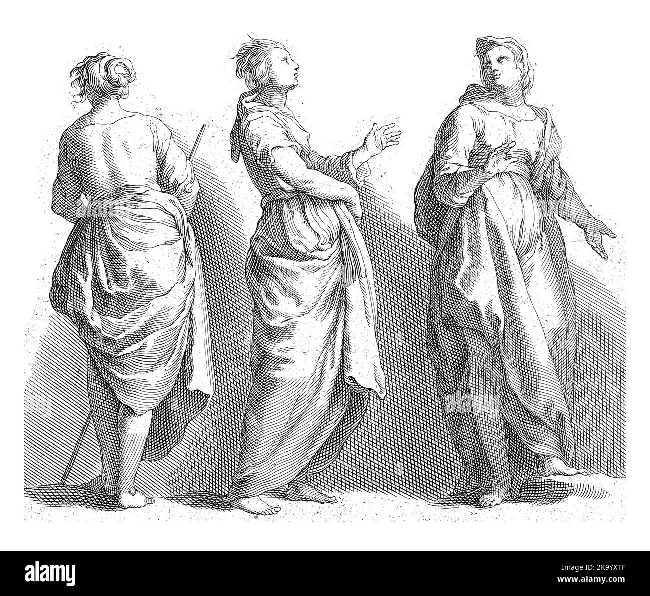 Tre donne vestite: Vista dal retro, vista laterale e vista frontale. Copia dopo una rappresentazione dal libro di disegno di Abraham Bloemaert, nella modifica Foto Stock