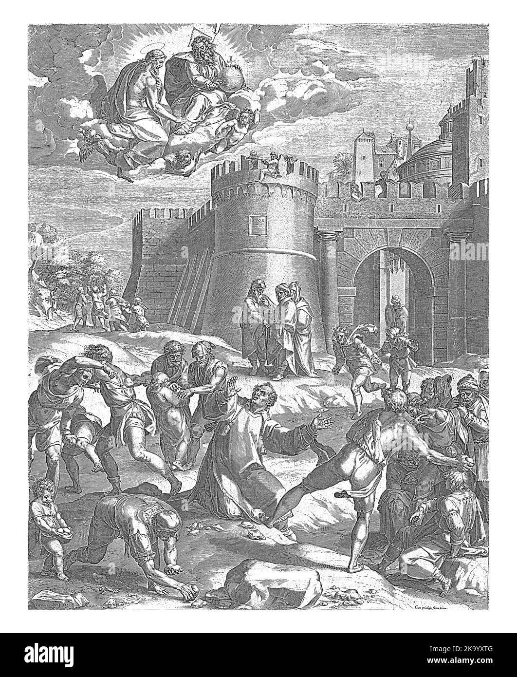 Santo Stefano si inginocchiò a terra ed è lapidato davanti alla torre della città di Gerusalemme. Foto Stock