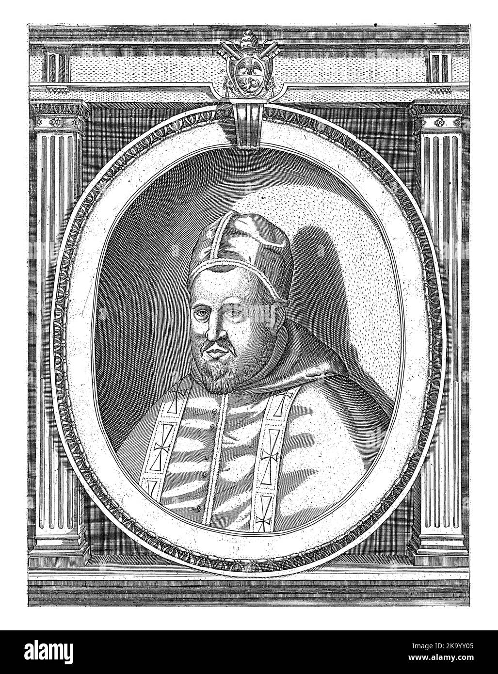 Ritratto di Papa Paolo V vestito con gli abiti papali, testa con un camauro. Busto a sinistra in una cornice ovale con scritta sul bordo. Foto Stock
