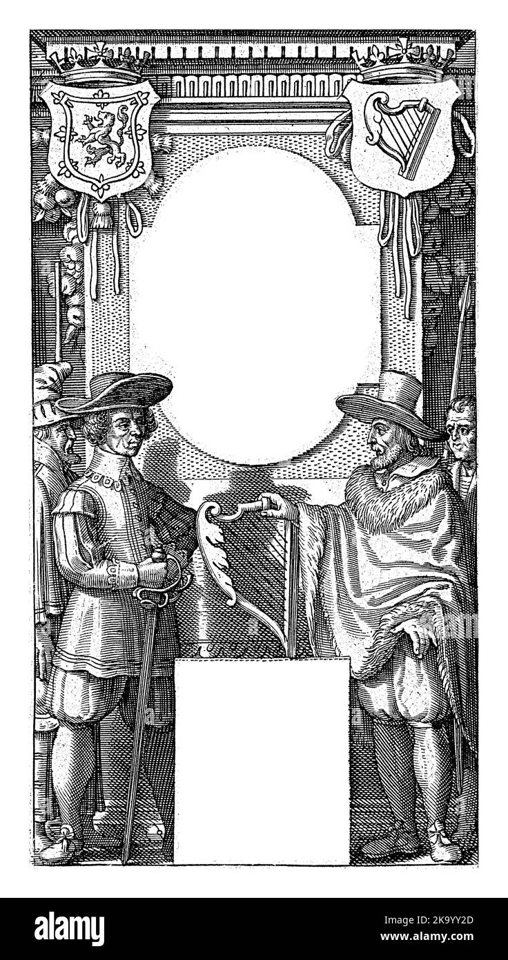 Due uomini in tipico abito scozzese e irlandese si trovano di fronte a un monumento che porta il titolo del libro. Uno degli uomini tiene un'arpa. Foto Stock