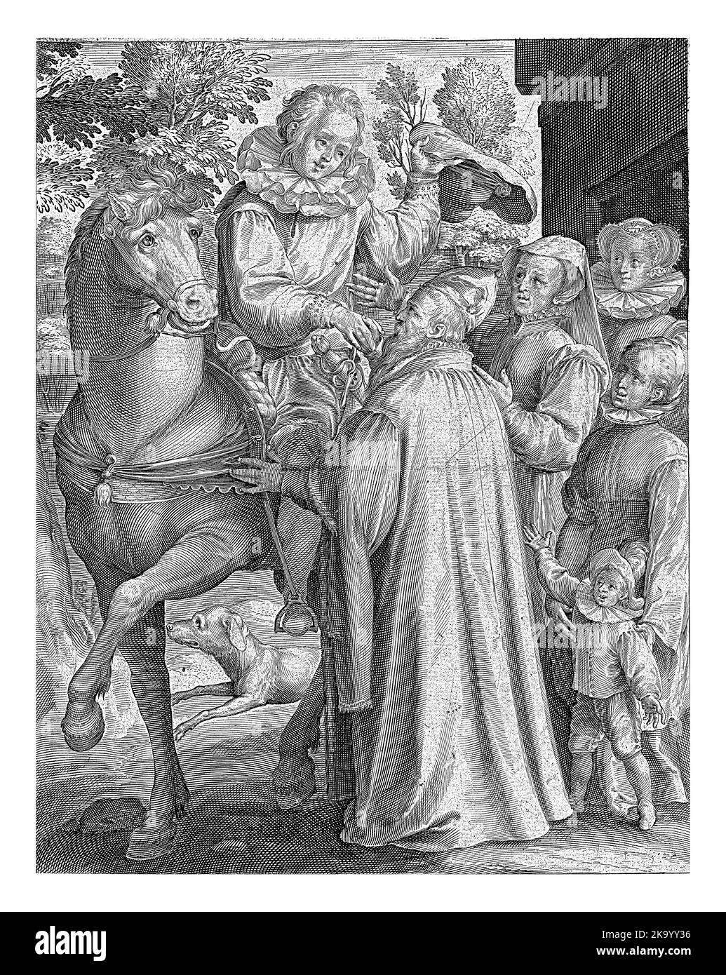 Il figlio prodigo riceve la sua eredità dal padre e dice Arrivederci alla sua famiglia. È già a cavallo e gli fa ondare il cappello. Foto Stock