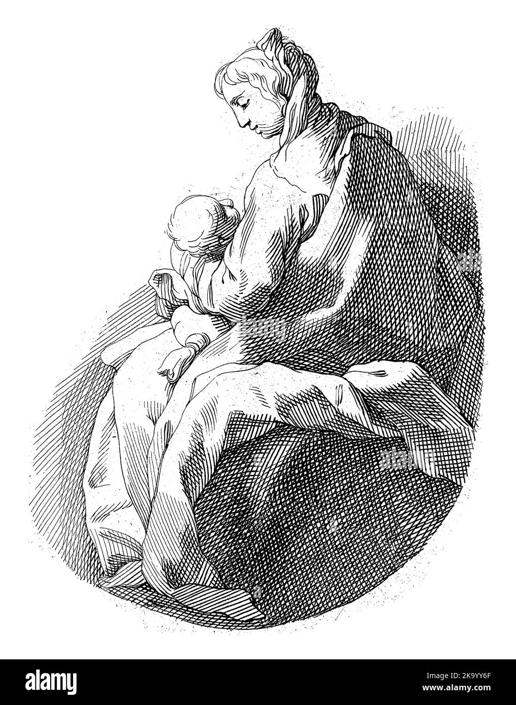 Una donna seduta, vista in parte dalla schiena con il viso girato a sinistra, tiene un bambino in grembo. Foto Stock