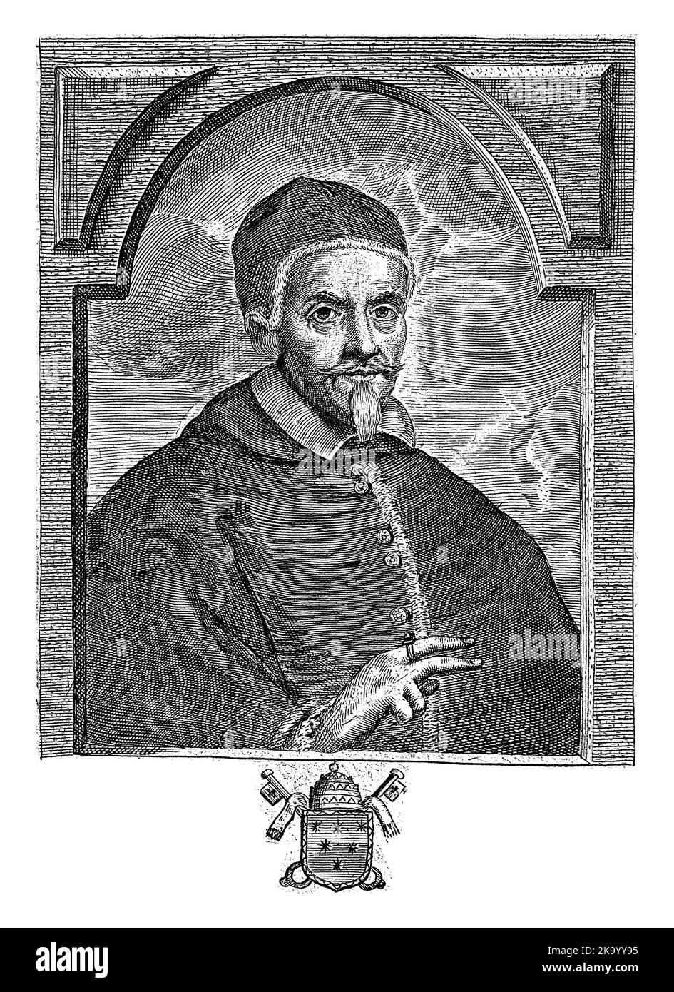 Ritratto di Papa Clemente X con il suo stemma papale al margine. Foto Stock