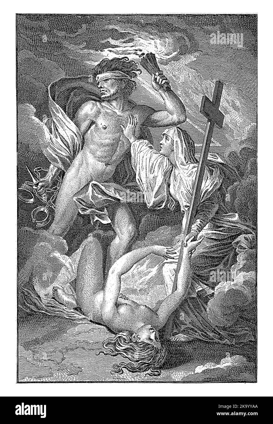 La fede allontana l'entusiasmo cieco della Carità, che è caduta a terra. L'enthusiast sta tenendo una torcia e un pugnale fiammeggianti nella sua h Foto Stock