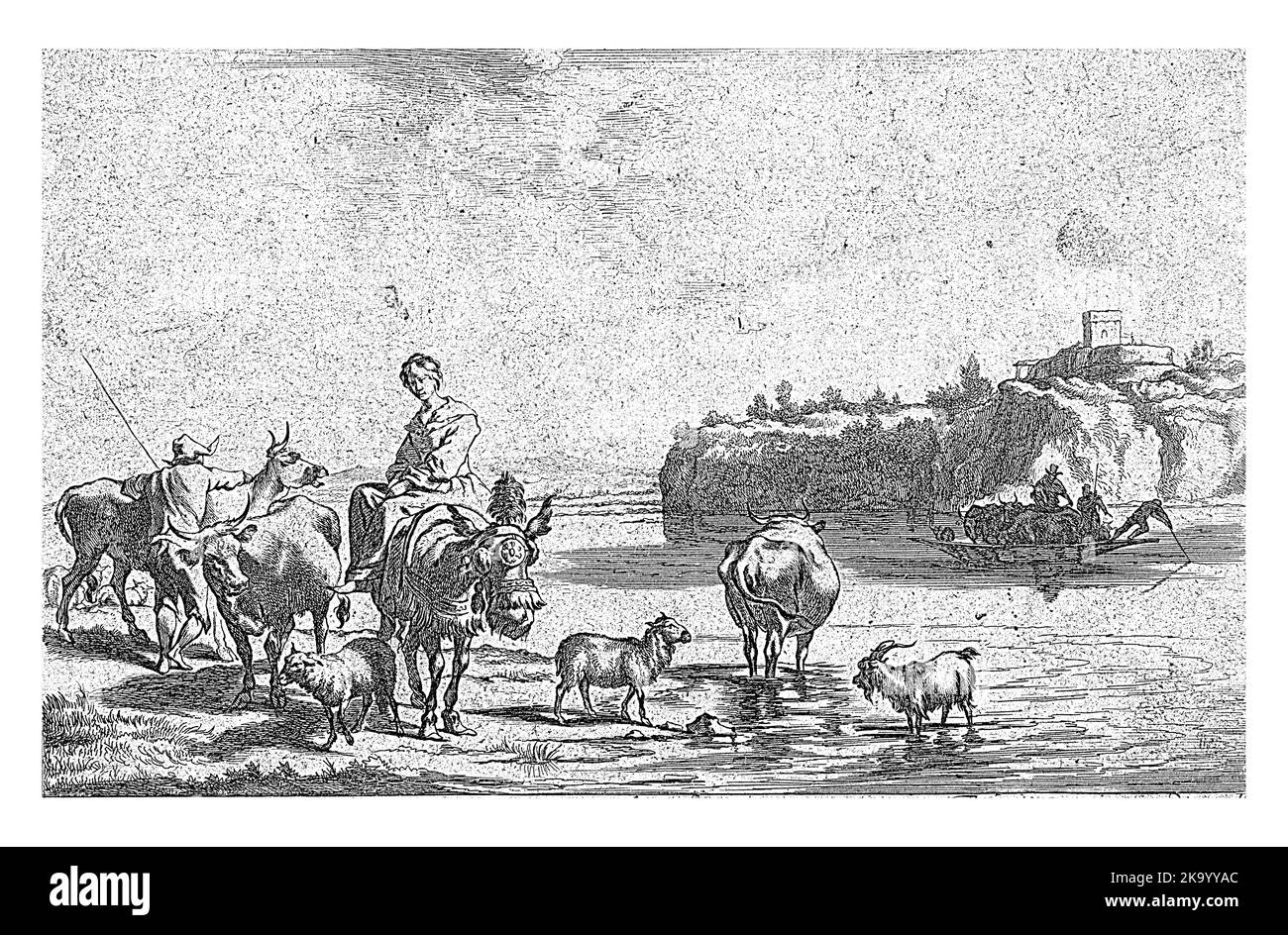 In attesa del traghetto, Jan de Visscher, dopo Nicolaes Pietersz. Berchem, 1725 - 1751 Un pastore e una pastorella aspettano sulla riva di un fiume con la Th Foto Stock