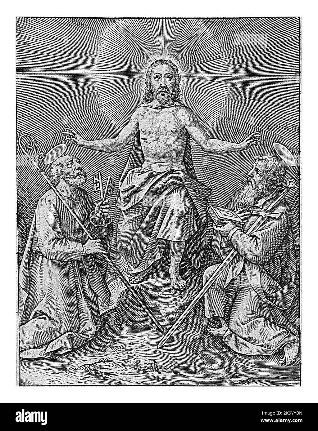 Cristo risorto con Pietro e Paolo, Hieronymus Wierix, 1563 - 1619. Pietro e Paolo si inginocchiano nell'adorazione davanti a Cristo risorto. Li benedice, si Foto Stock