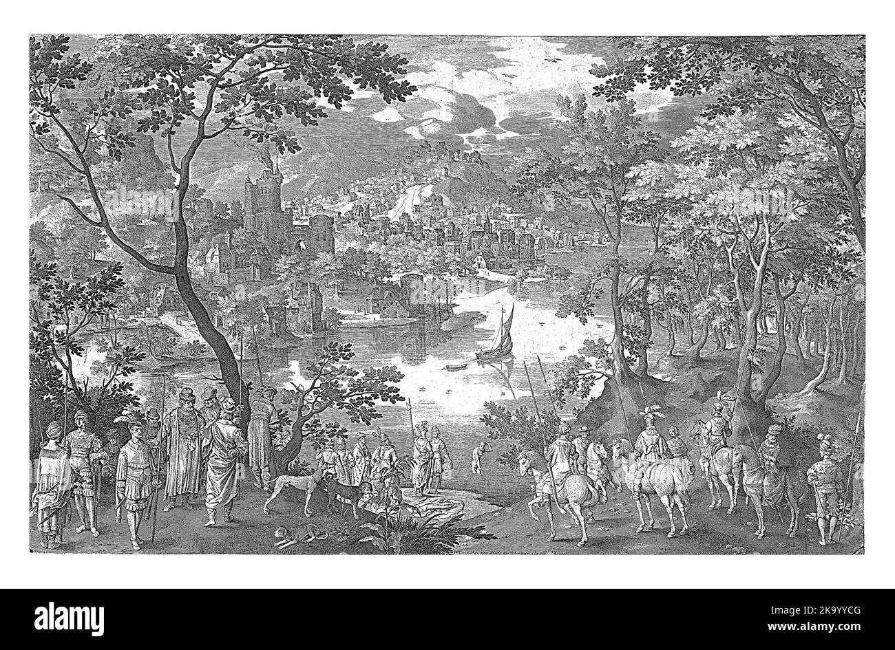 Guarigione di Naaman, Nicolaes de Bruyn, 1628 - 1682 Naaman bagna il fiume Giordano. Soldati dalla sua retinue sulla banca. Naaman era il comandante Foto Stock