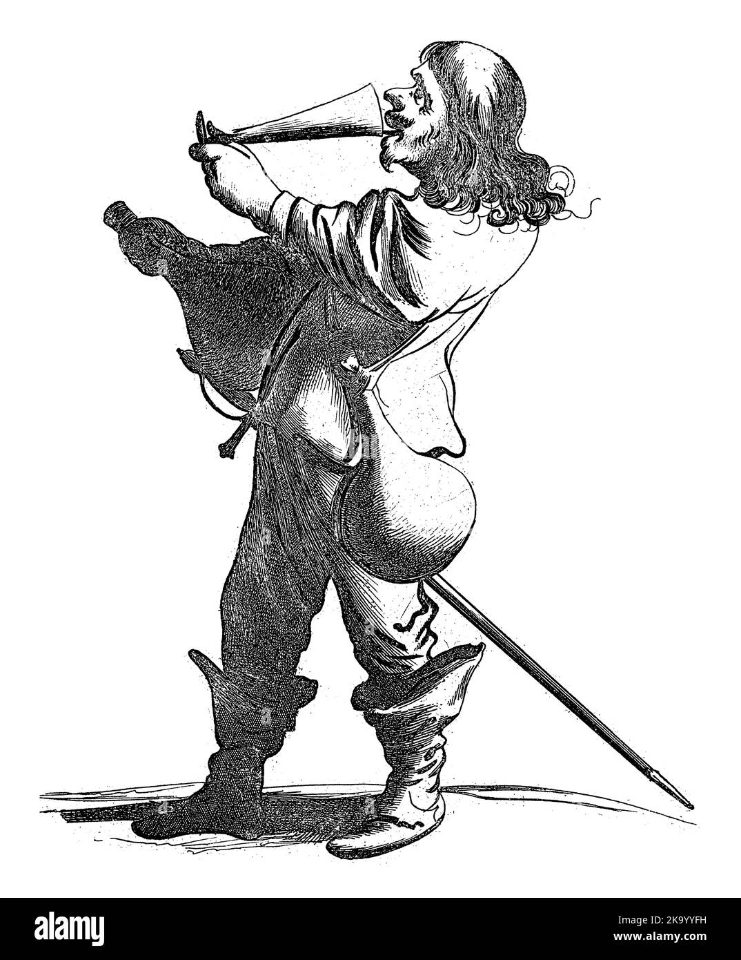 Un uomo armato di spada versa un bicchiere di liquore in bocca. Porta con sé due vasi (di vino), uno dei quali ha in mano. Foto Stock