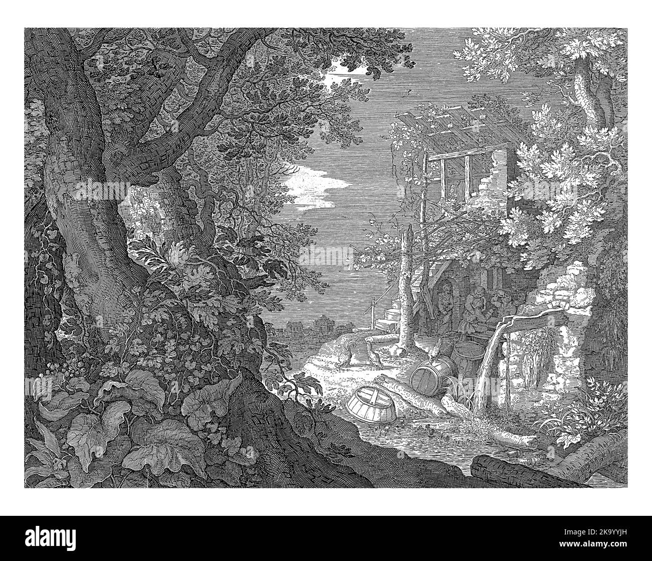 Bere uomini alle scale di una locanda fatiscente ai margini di una foresta. Alcuni alberi sulla sinistra. La quinta stampa in una serie di sei parti con paesaggi Foto Stock