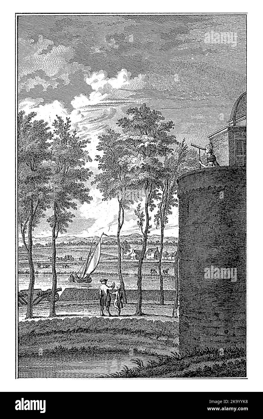 Una donna su una torre guarda attraverso binocoli. Sulle rive del fiume IJssel, i bastioni di Zutphen, con due figure che parlano da un cannone. Foto Stock