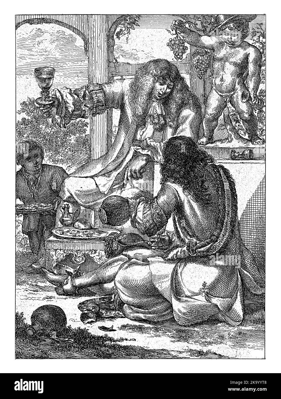 Due uomini bevono e mangiano abbondantemente. A destra un'immagine di un putto con viti e vetro. Dietro sinistra un servo con una ciotola di ostriche. Foto Stock