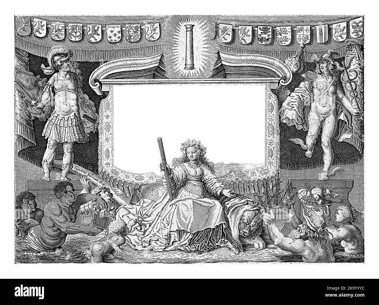 Marte e Mercurio sono su entrambi i lati di un banner con il titolo del libro. In cima gli stemmi delle province, con una colonna circondata da Foto Stock