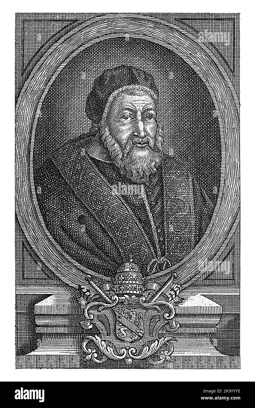 Busto ritratto di papa Sisto V, vestito con le sue vesti papali. Sotto il ritratto si trova lo stemma papale. Foto Stock