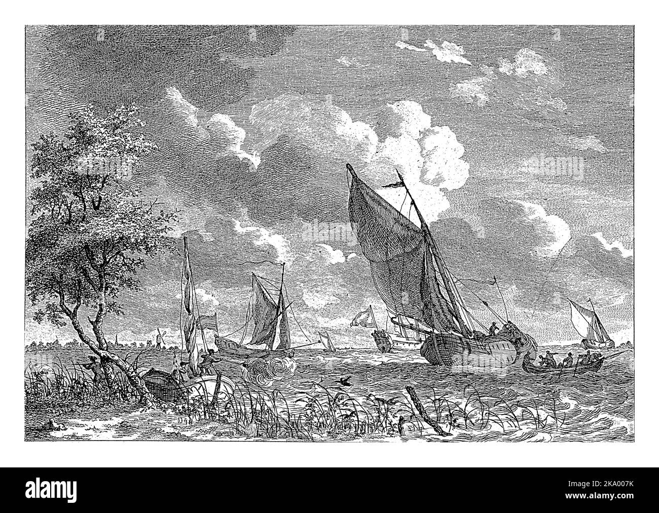 Sulla riva di un fiume, su cui navigano diverse navi, un cacciatore si trova tra le canne. Ci sono anche due cacciatori di anatre su una barca sul lungomare, di Foto Stock Sulla riva di un fiume, su cui navigano diverse navi, un cacciatore si trova tra le canne. Ci sono anche due cacciatori di anatre su una barca sul lungomare, di Foto Stock