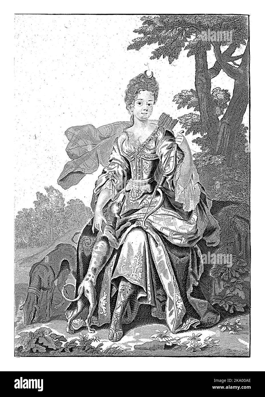 Ritratto di Clara Juliana, contessa di Nassau-Siegen, anonimo, c. 1675 - 1711 Ritratto di Clara Juliana. Nella mano sinistra un arco. Due cani sul LEF Foto Stock