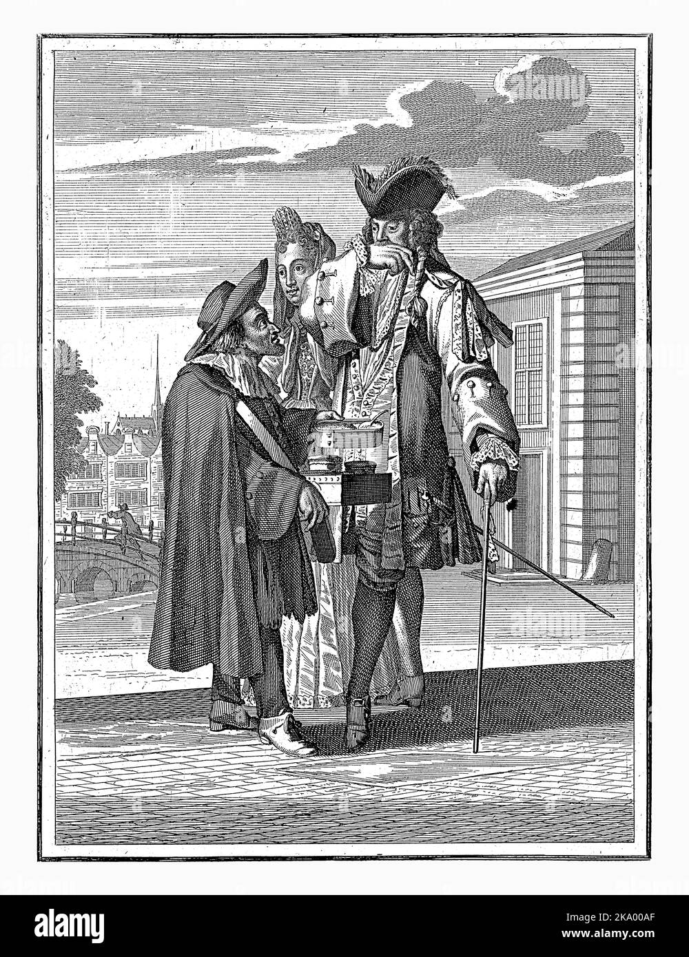 Reuk, Caspar Luyken, 1698 - 1702 Una nobile coppia è a piedi in strada e sono accodati da un venditore di strada. Il nobile gli mette la mano al naso Foto Stock