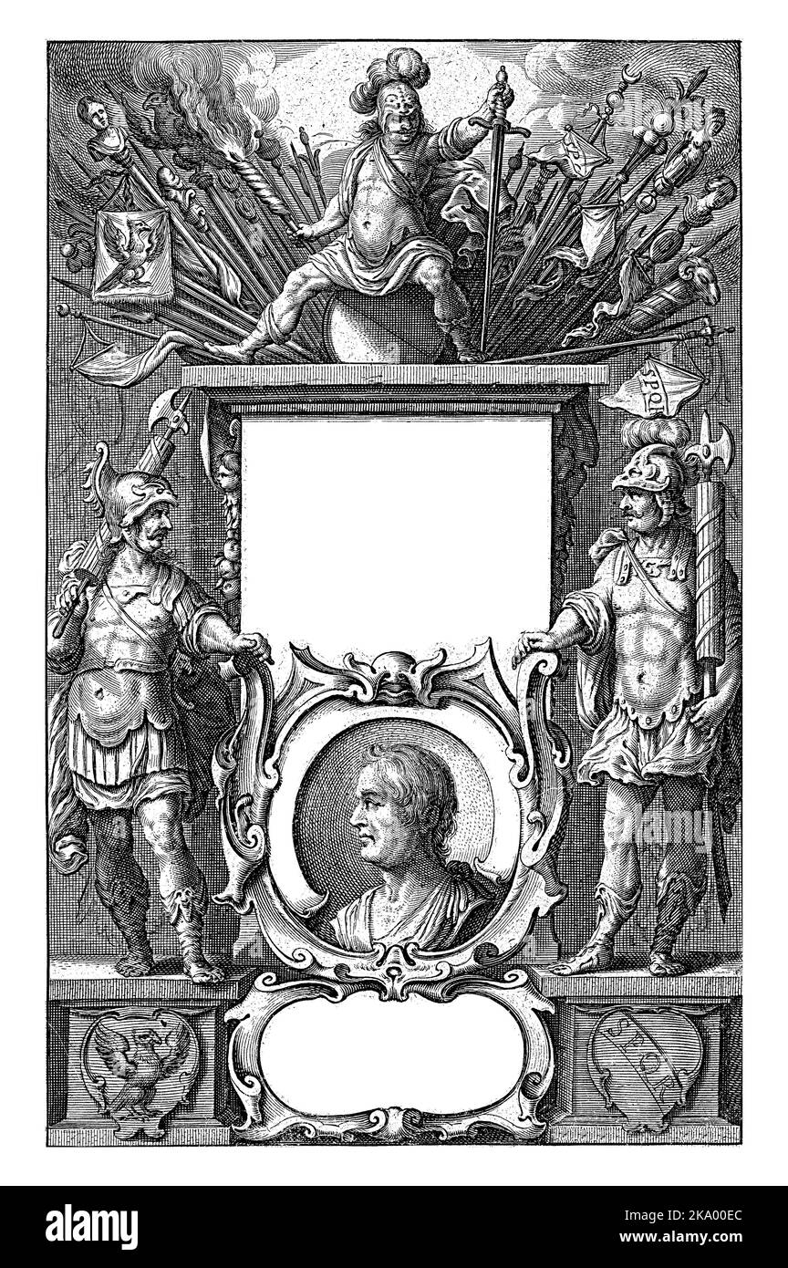 Dio Marte ha introniato su una colonna con bottini di guerra e ritratto di Publio Cornelio Tacito in un cartouche fiancheggiato da due soldati romani. Foto Stock