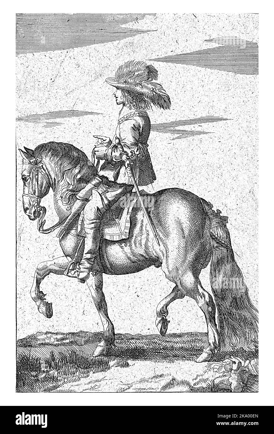 Un pilota, in profilo a sinistra. Il pilota indossa un cappello con piume e una sciabola al suo fianco. Il cavallo ha decorazioni nella coda. Foto Stock