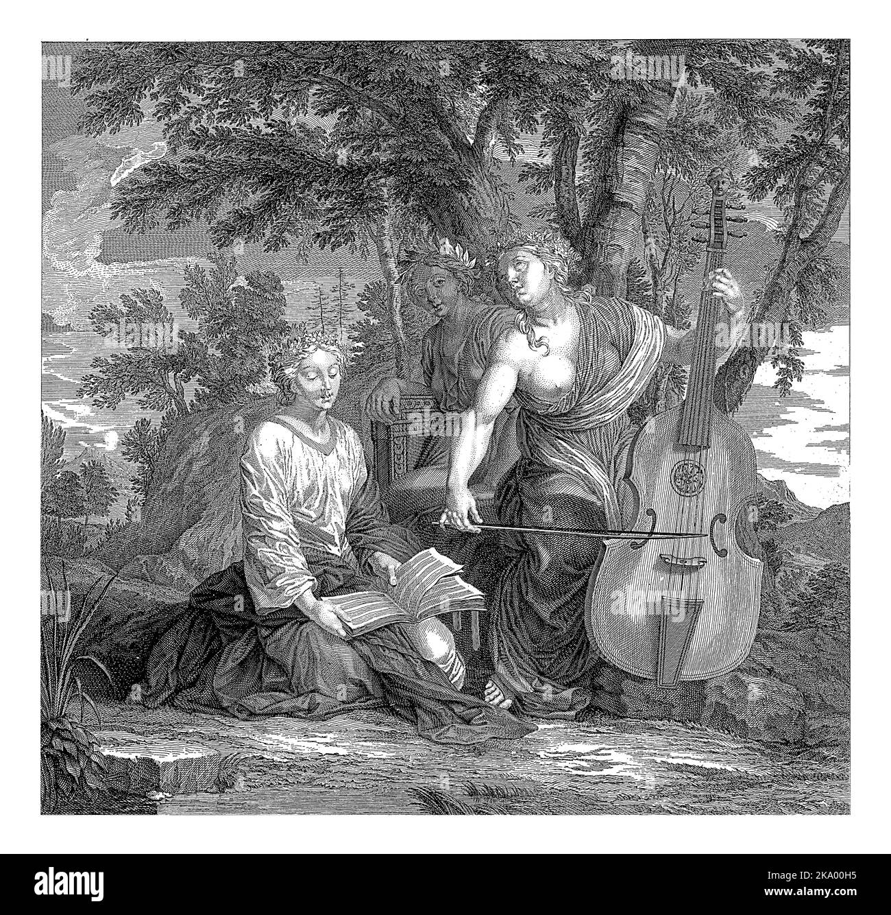 Paesaggio con tre muse musicali, Bernard Picart, dopo Eustache Lesueur, 1683 - 1733 Paesaggio con muse suonando il violoncello, un muse Foto Stock