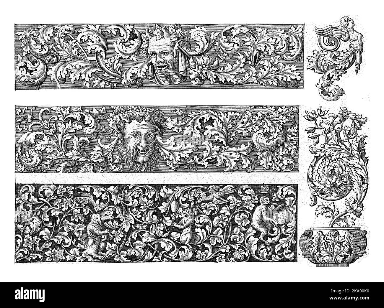 Sulla parte superiore delle fregate c'è la testa di un satiro. Foglia III.D.10 della terza serie di 12 foglie con ornamenti per oreficeria e argenteria Foto Stock