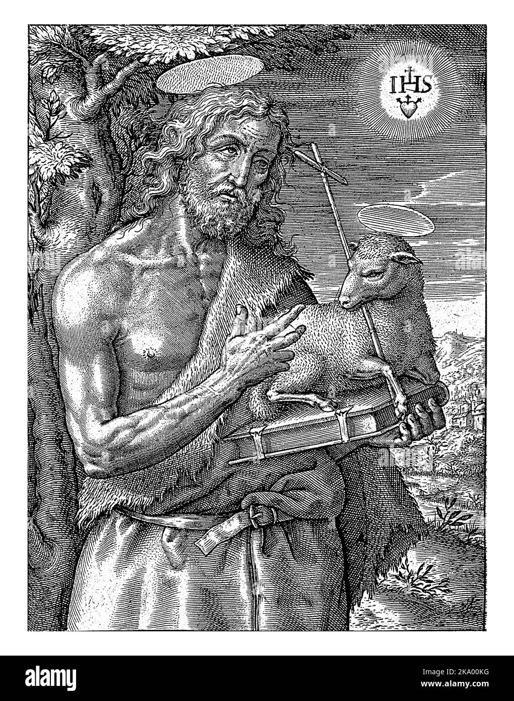 Giovanni Battista, Hieronymus Wierix, 1563 - prima del 1619 Paesaggio con Giovanni Battista, vestito di pelle di cammello, in mano tiene una Bibbia con il Foto Stock