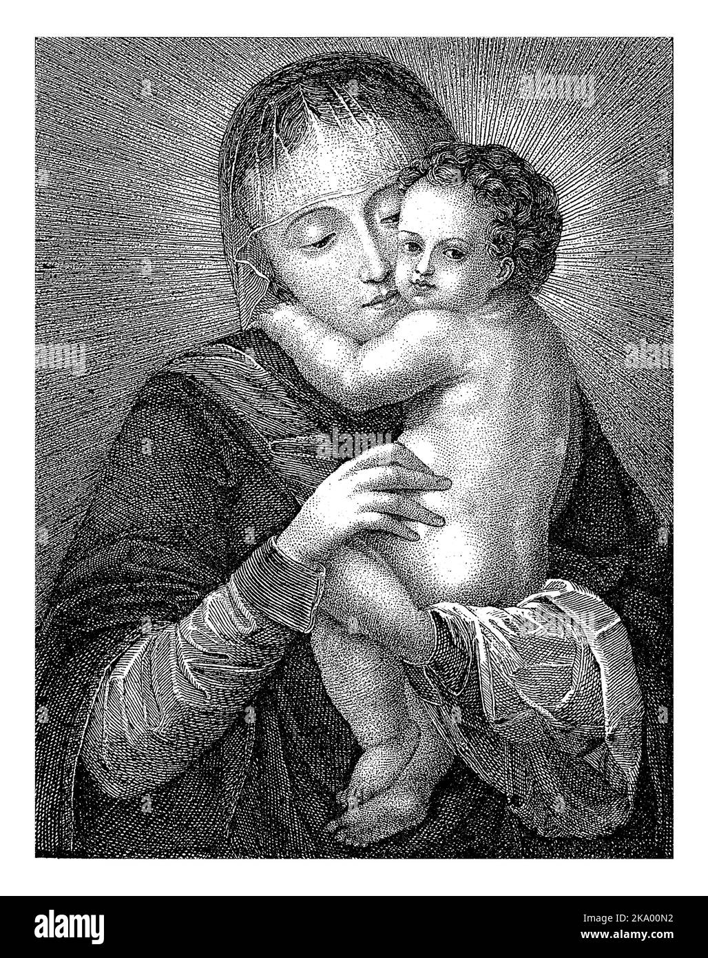 Maria con il Bambino di Cristo nelle sue braccia, Elisabeth Barbara Schmetterling, 1820, vintage incisa. Foto Stock