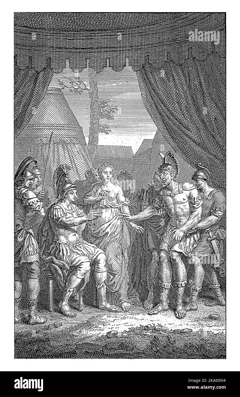 Alessandro il Grande seduto su una sedia con la principessa Cleofile al suo fianco. Un uomo è condotto ad Alessandro da un soldato. Libro illustrazione per la tragedia 'A. Foto Stock