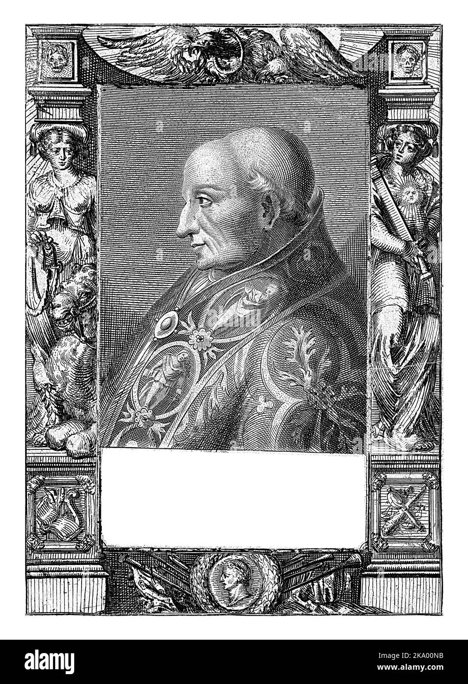 Stampa stampata da due lastre. Busto ritratto di Papa Adriano VI che indossa un mantello riccamente decorato. Al di sotto della performance un verso di otto linee in olandese Foto Stock