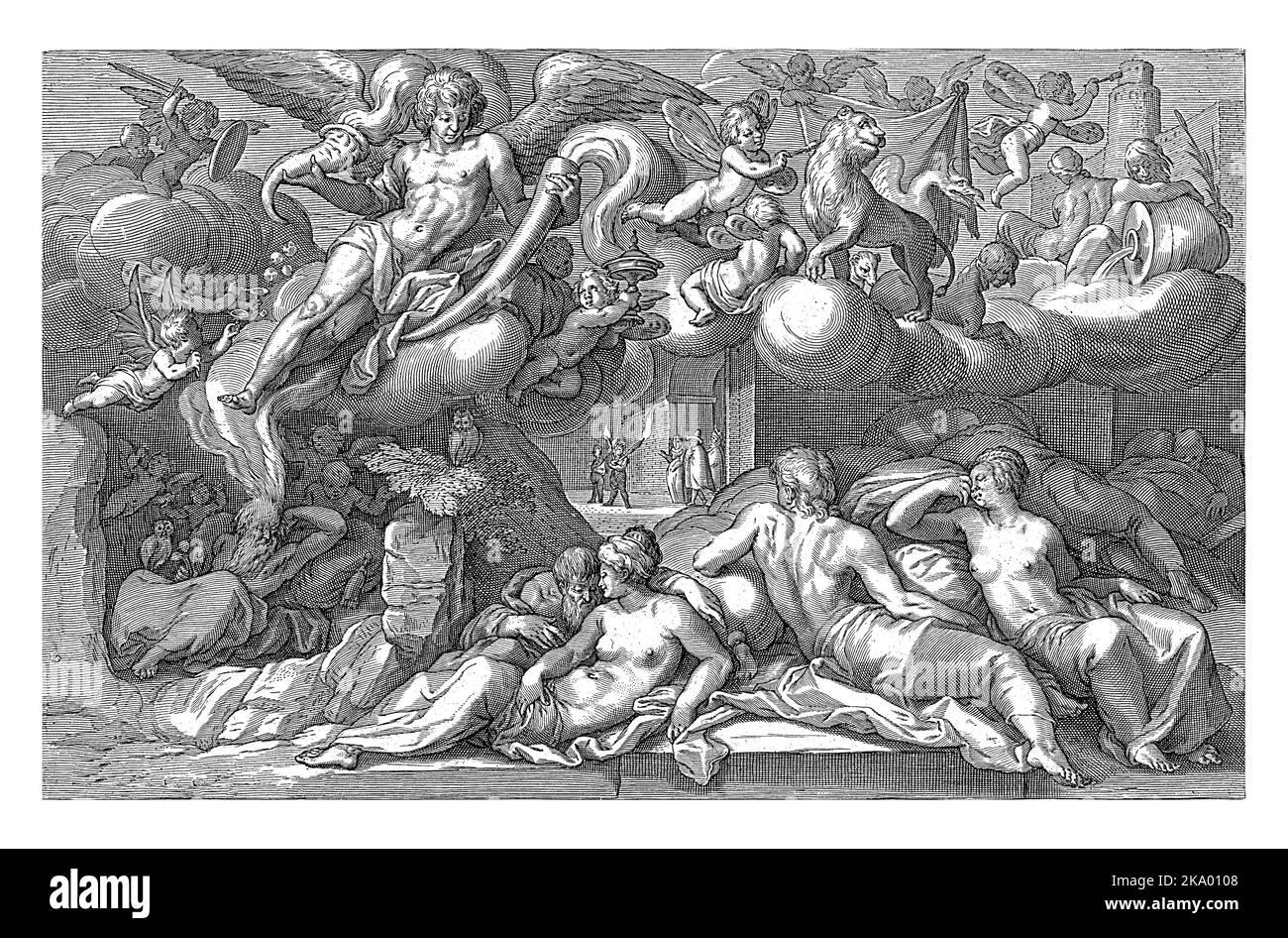 Nacht (NOx), Jacob Matham, dopo Karel van Mander (i), 1601 - 1605 Nacht. Rappresentazione allegorica della notte. A sinistra un uomo addormentato con un Foto Stock Nacht (NOx), Jacob Matham, dopo Karel van Mander (i), 1601 - 1605 Nacht. Rappresentazione allegorica della notte. A sinistra un uomo addormentato con un Foto Stock