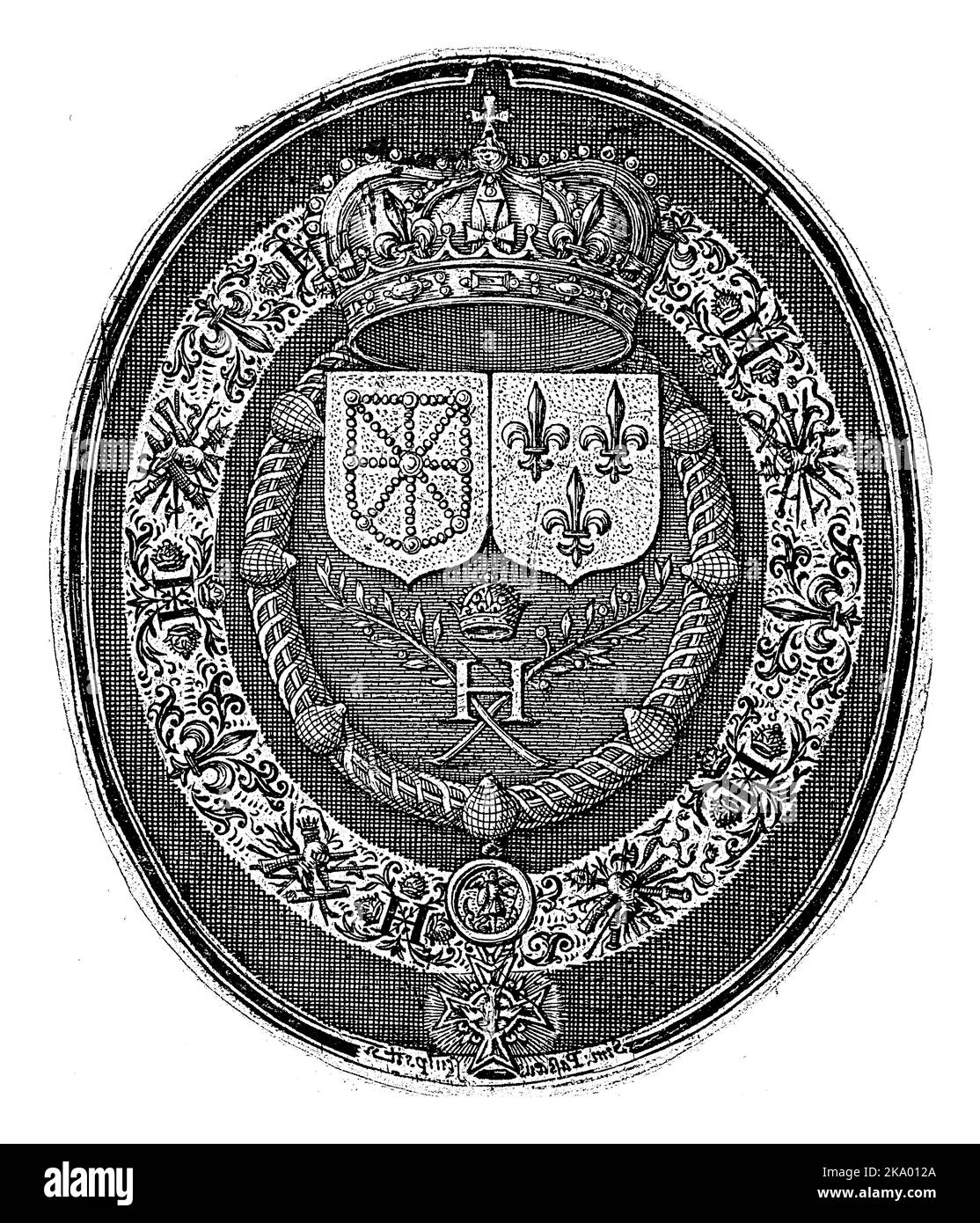 Medaglione con lo stemma di Francia e Navarra. Sull'obverso della medaglia il doppio ritratto di Enrico IV e Maria de' Medici. Foto Stock